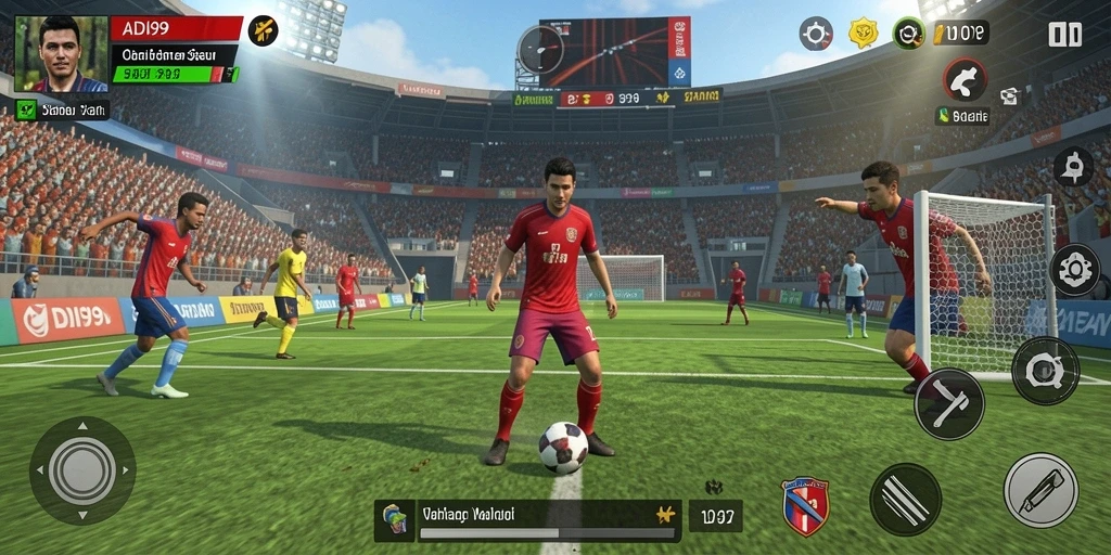 Tampilan gameplay ADI99 dengan aksi seru di lapangan olahraga.