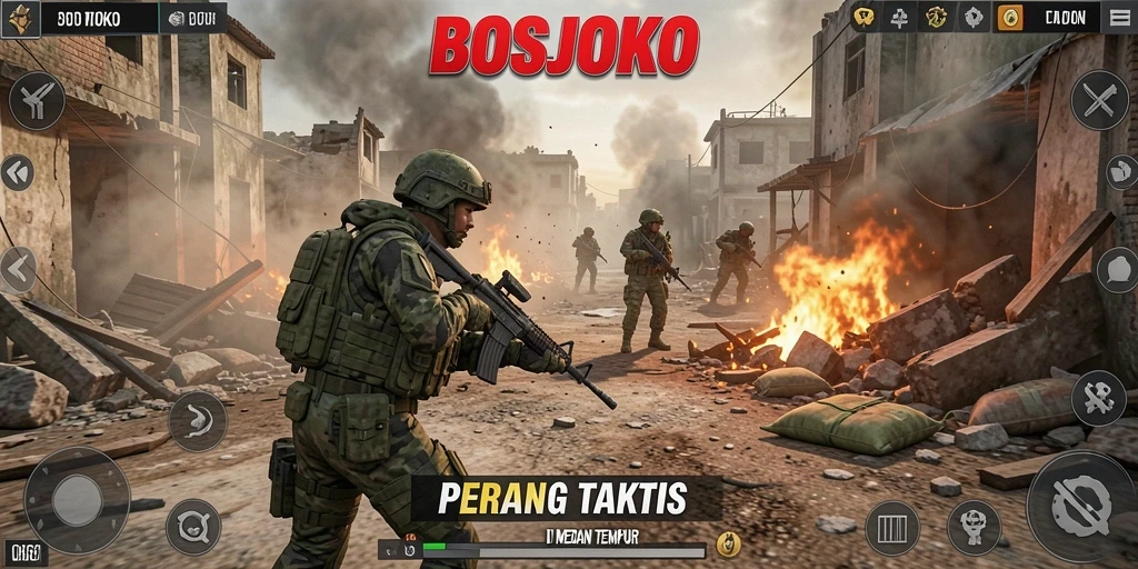 Screenshot gameplay BOSJOKO dalam aksi pertempuran intens.