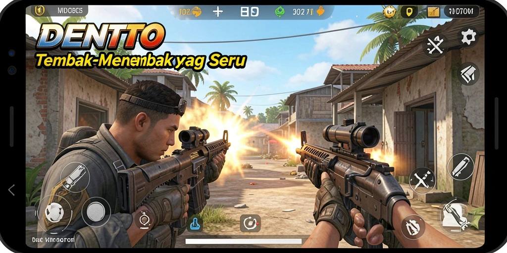 Tangkapan layar DENTOTO menampilkan aksi tembak-menembak yang mendebarkan dalam gameplay.