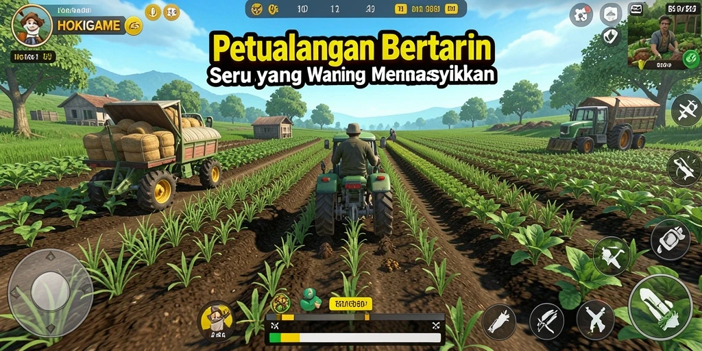 Screenshot gameplay HOKIGAME menampilkan ladang yang subur dan hewan ternak.