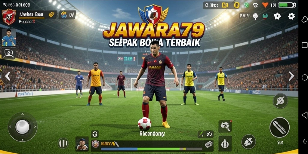 Screenshot gameplay JAWARA79 menunjukkan aksi seru di lapangan sepak bola.