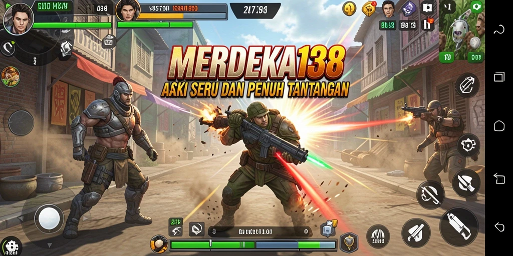 Screenshot utama MERDEKA138 menampilkan aksi pertarungan seru.