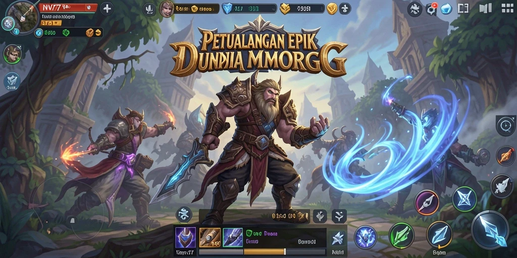 Screenshot dari gameplay NV77 yang menampilkan pertarungan epik di dunia MMORPG.