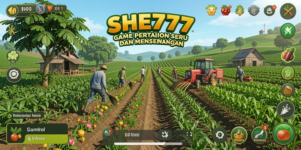 Tampilan gameplay seru dari SHE777 yang menunjukkan aktivitas pertanian.