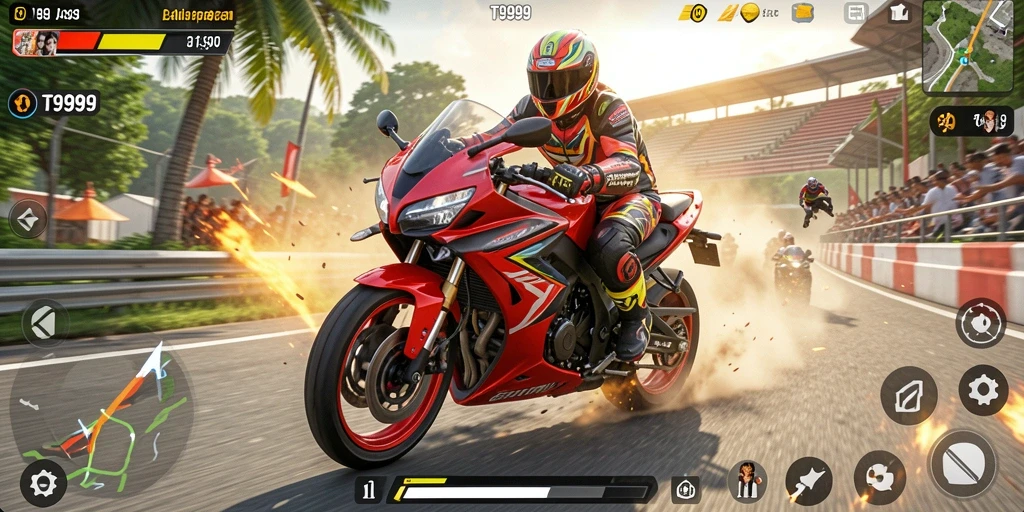 Tampilan gameplay T9999 yang mendebarkan dalam balapan motor.