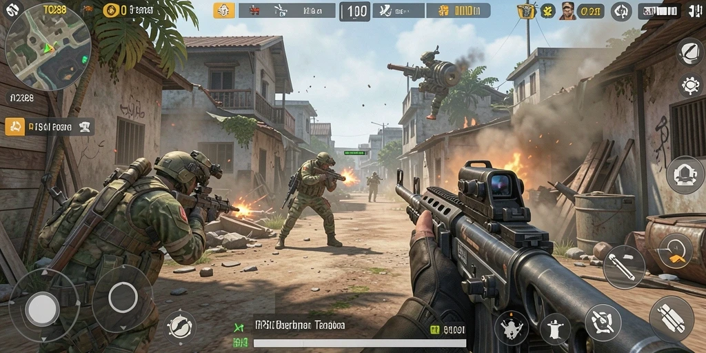 Screenshot utama TO288 saat pertempuran intens dalam mode FPS.