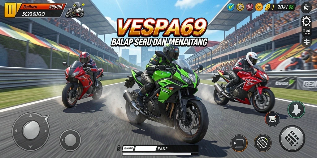 Gameplay seru VESPA69 dengan balapan motor cepat.
