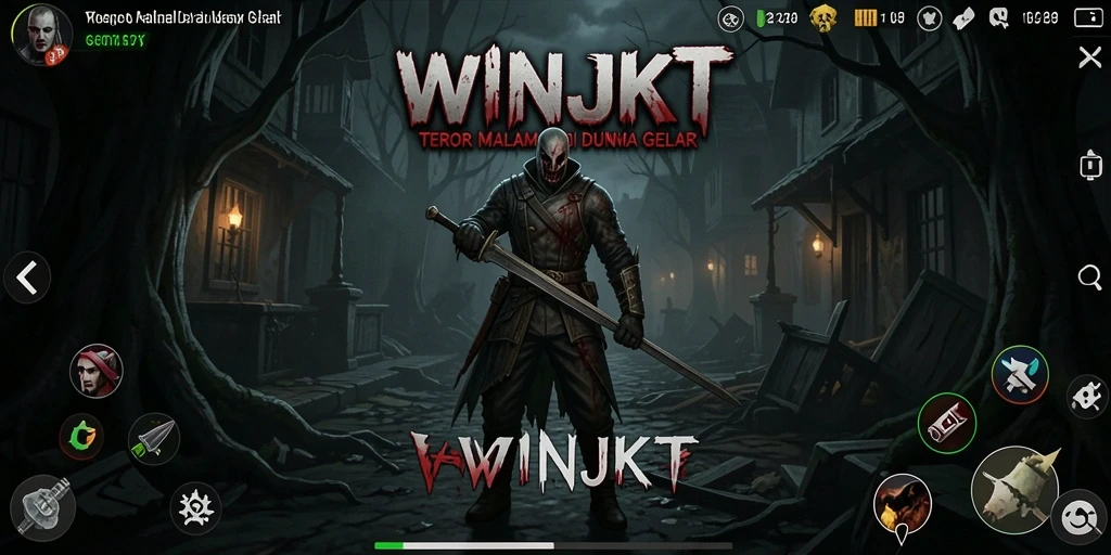 Screenshot gameplay WINJKT menunjukkan momen menakutkan saat pemain menjelajahi daerah gelap.